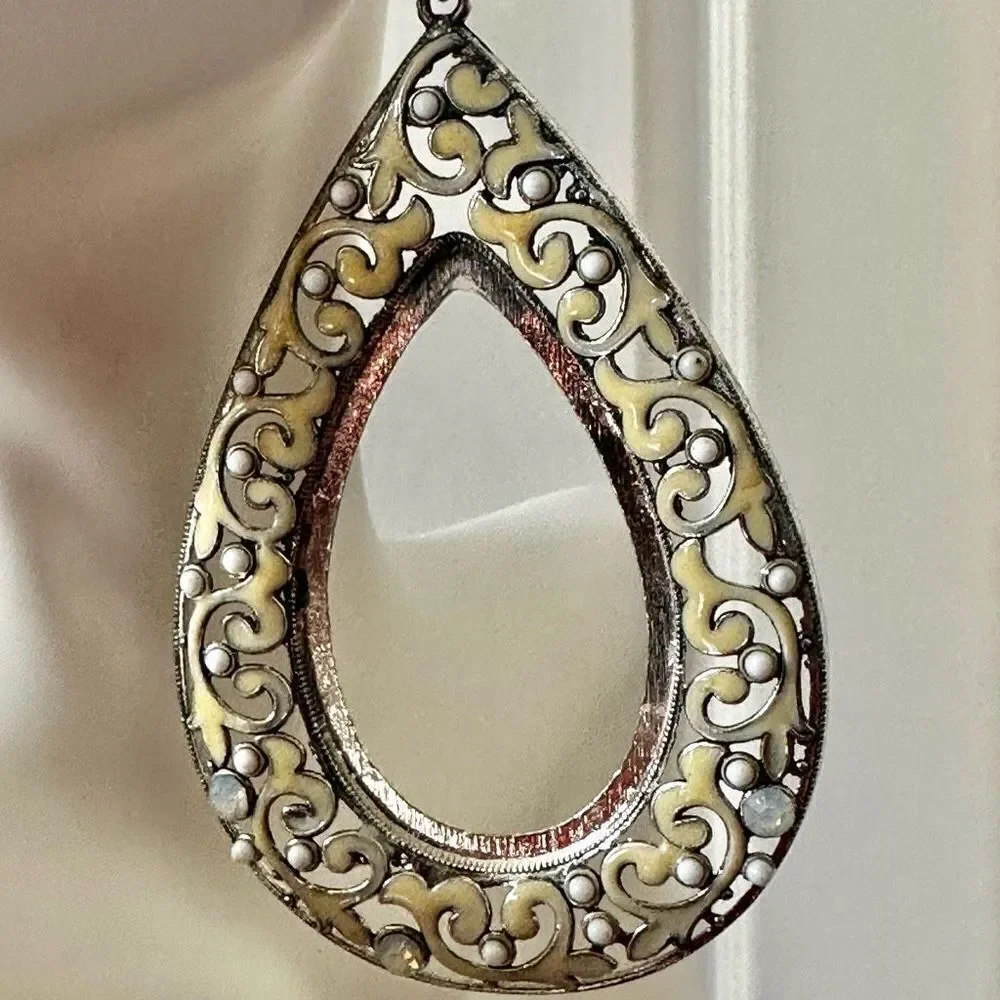 Large yellow silver tone rhinestone teardrop statement earrings